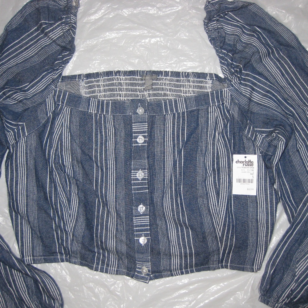 Charlotte Russe, NEW w/TAGS DENIM BLUE & WHITE CROP TOP BLOUSE, 8- 10